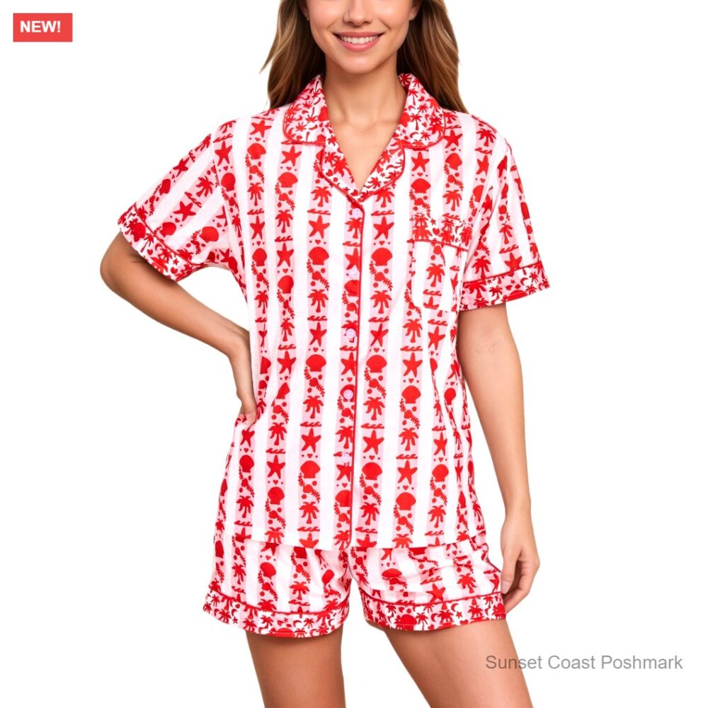 Pajama Shorts Set Red White Cotton Shells Palm Tree Print Short Sleeve Top New